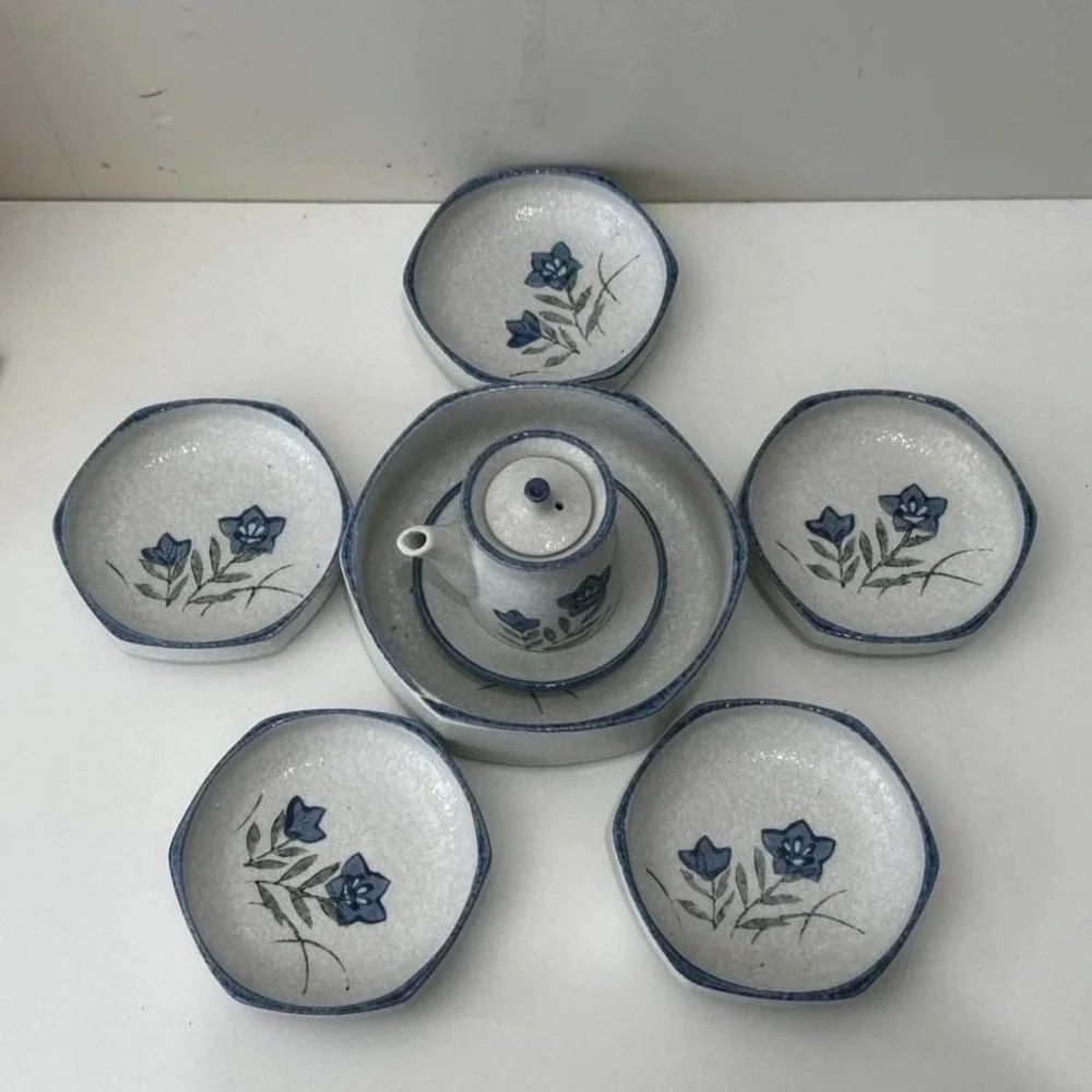 Vintage Blue White Speckled Ceramic Lot 5 Sauce Dishes Japanese Bellflower Set